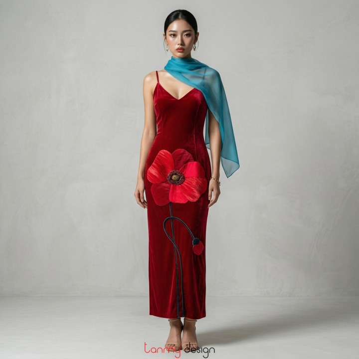 Maxi dress with V-neck front and back, 3D floral embroidery in red velvet